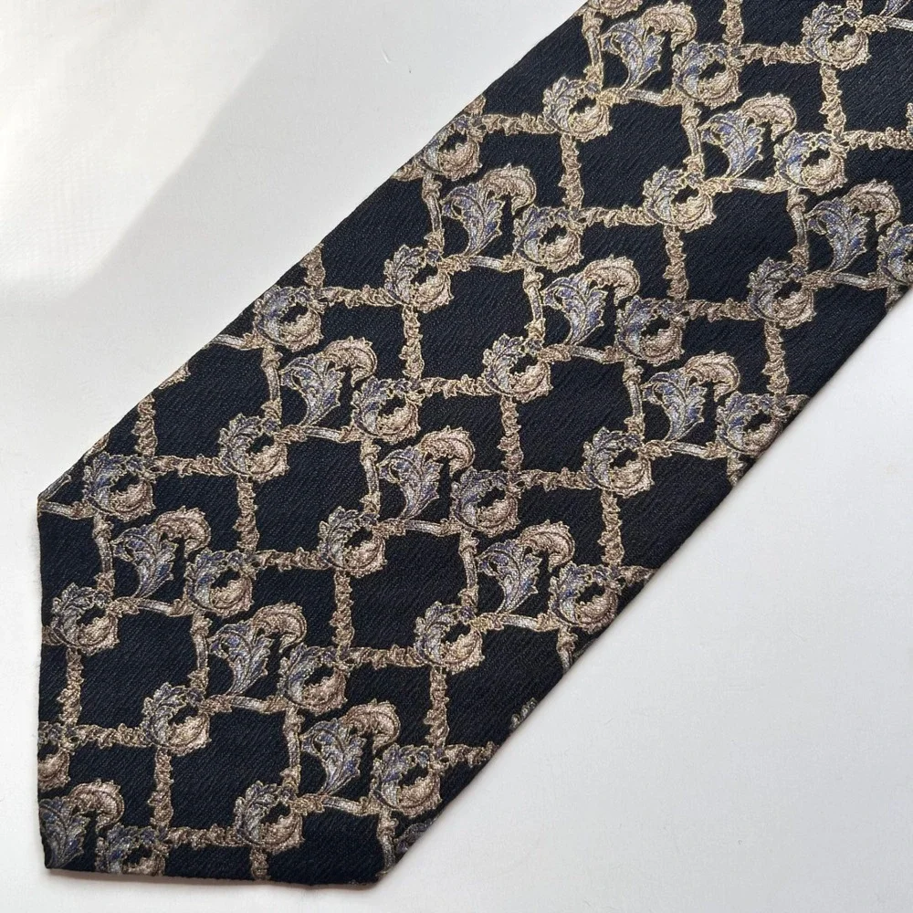 Vintage Claiborne Silk Tie Black Gold Blue Baroque Acanthus Leaf Ornate USA Made